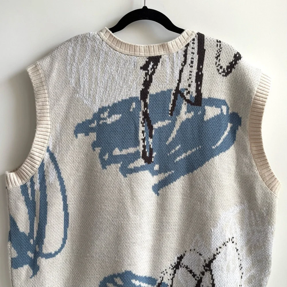 Urban Outfitters Men’s Abstract Pattern V-Neck Sweater Vest Cream Blue Large